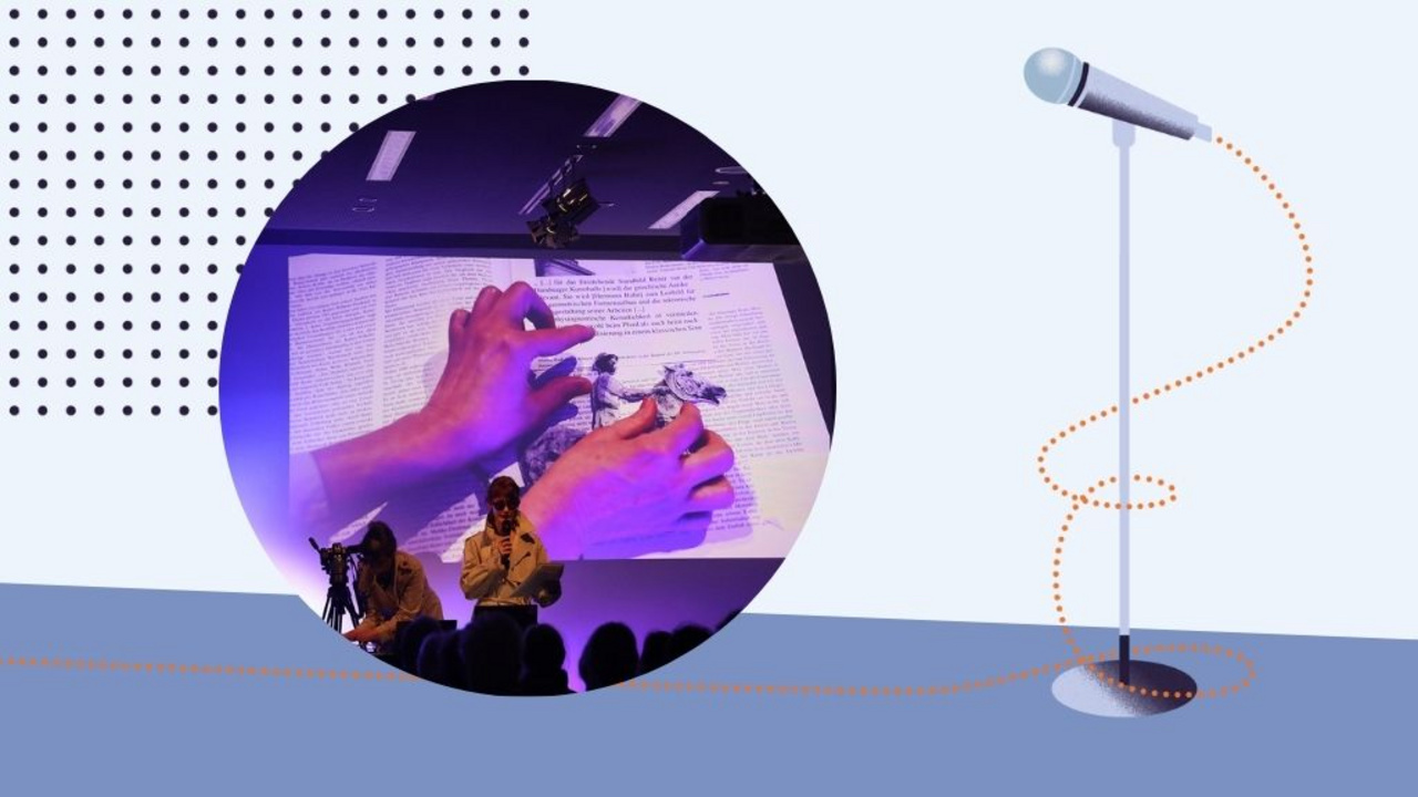 Visual zum HOOU Art and Science Slam mit einer Bildcollage von Personen, die an einem Mikrofon stehen und vortragen