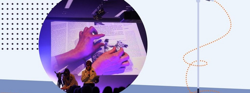 Visual zum HOOU Art and Science Slam mit einer Bildcollage von Personen, die an einem Mikrofon stehen und vortragen
