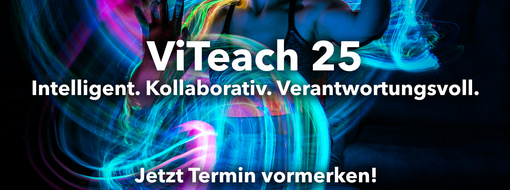ViTeach 2025 Visual zur Konferenz ViTeach 2025, ein schattenhafter Mensch mit VR-Brille erzeugt durch Bewegungen Farbfelder