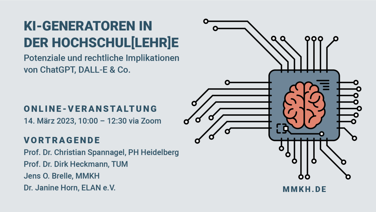 Visual zur Online-Veranstaltung "KI-Generatoren in der Hochschul(lehr)e – Potenziale und rechtliche Implikationen von ChatGPT, DALL-E & Co." am 14. März 2023 mit Titel und Datum der Veranstaltung