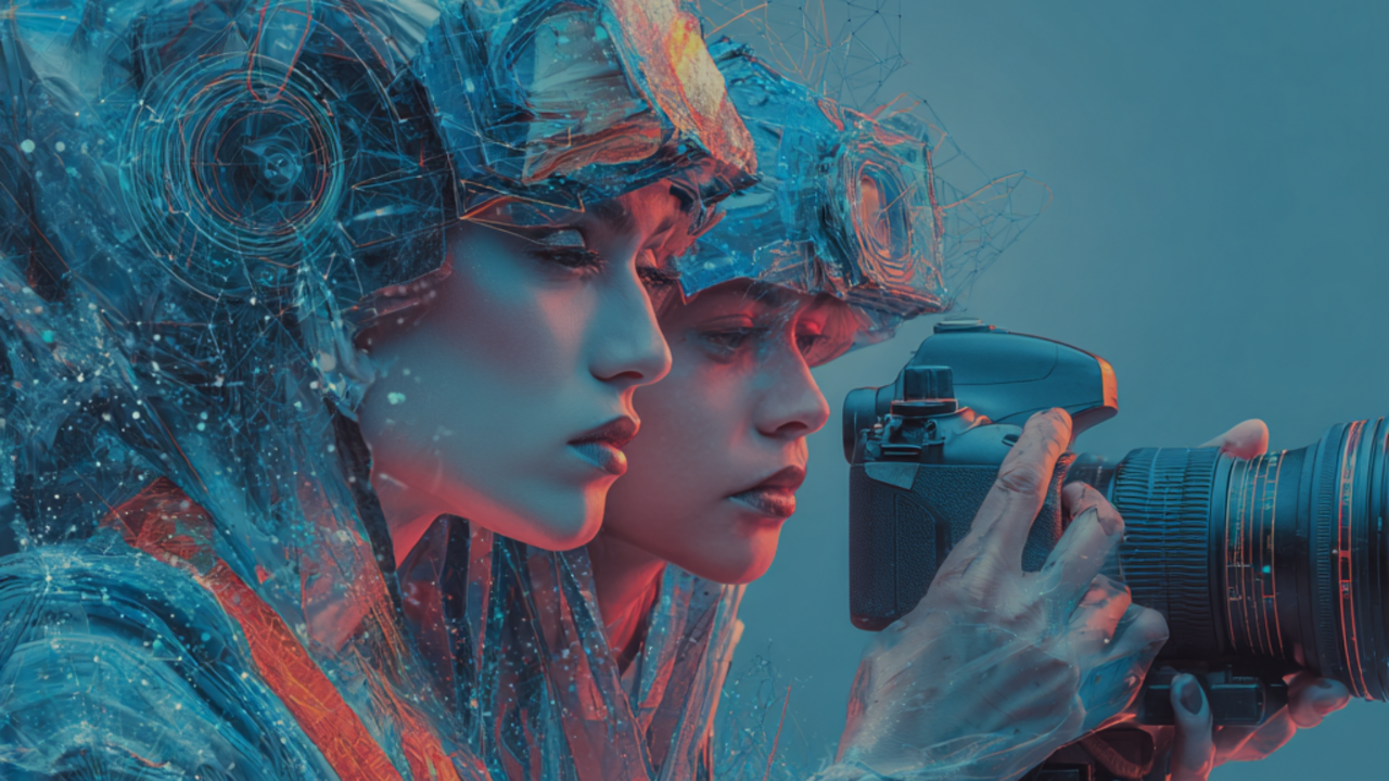 HfMT-Veranstaltung Basics of Filmmaking KI-generiertes Bild: zwei futuristische Personen mit Helmen. Eine Person hält eine Kamera in der Hand, die beide Personen anschauen.