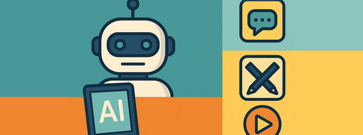 Grafik zum Lernangebot KI-Kompetenz an Hochschulen: Ein Roboter mit einem iPad, auf dem die Buchstaben AI stehen. Rechts daneben Buttons für Bedienfelder im Kurs
