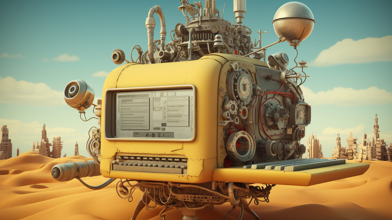 Lunch Bag Session Textgeneratoren In einer Landschaft steht eine altmodisch wirkende Maschine mit einem modernen Bildschirm, auf dem Text angezeigt wird.