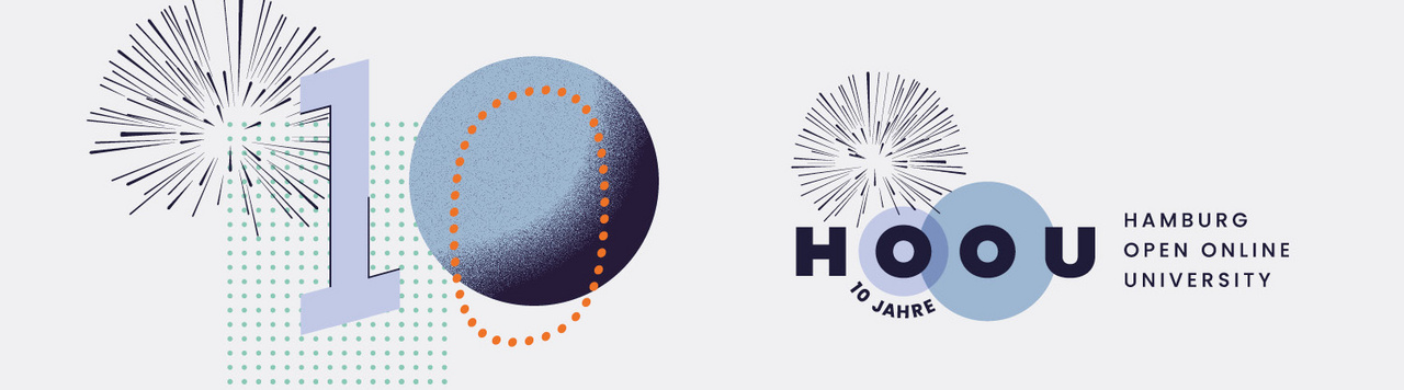 HOOU-Jubiläum 2025 HOOU-Logo und die Zahl 10 umgeben von kleinen Feuerwerken zum 10-jährigen Jubiläum der Hamburg Open Online University im Jahr 2025