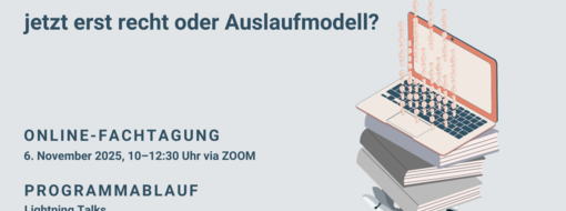 Visual mit Titel und Daten der Veranstaltung, Bildmotiv: auf einem Bücherstapel liegt ein aufgeklappter Laptop, aus dessen Tastatur Nullen und Einsen nach oben schweben